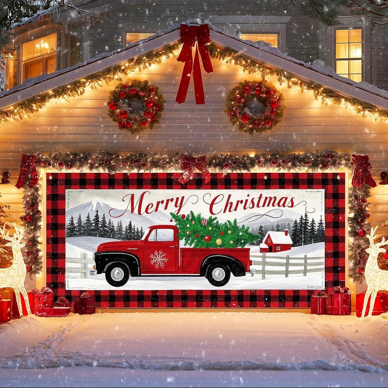 IVN Vintage Red Truck Christmas Tree Mountain Scene Garage door banner Door Cover Indoor And Outdoor Studio Background Hanging Decoration 13x6ft - Image 1